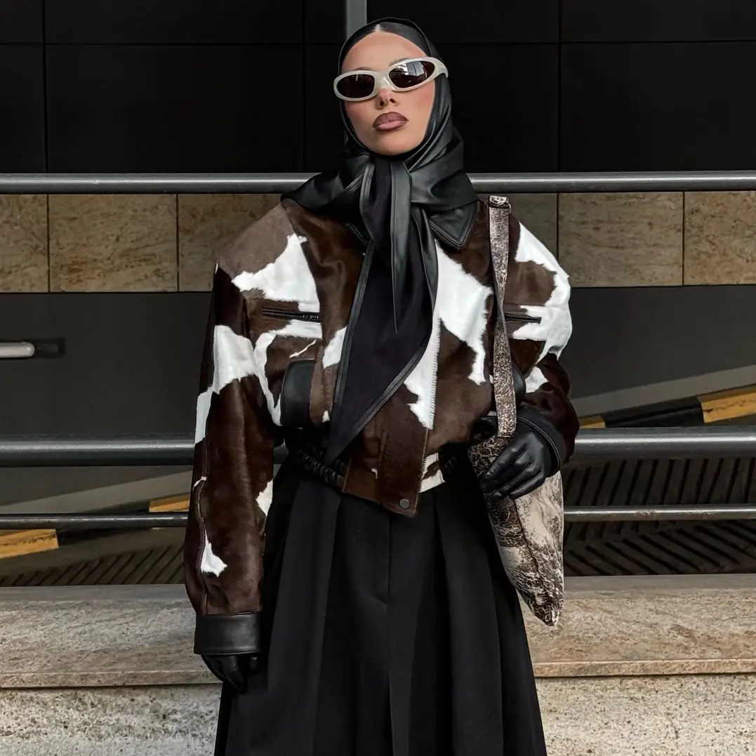 Personalized Design Cow Pattern Leather Jacket Women's Early Autumn New Street Style High-end Lapel Short Top