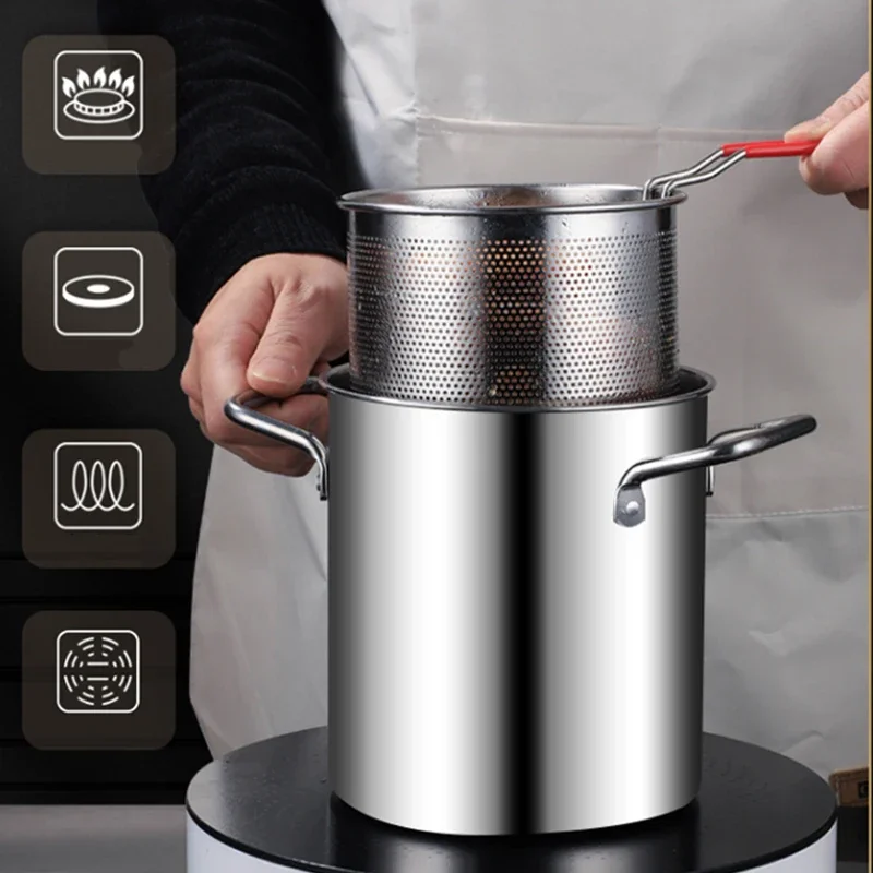 Deep Fryer Pot, Japanese Tempura Small Stainless Steel Deep Frying Pot Glass Lid for Kitchen French Fries Chicken