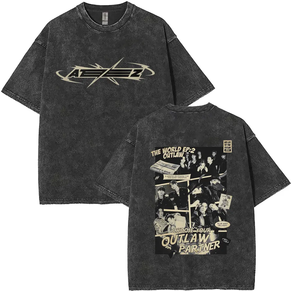 

Men Women Korean Kpop ATEEZ The World Ep 2 Outlaw Washed Vintage T-shirt 2025 World Tour Towards The Light Will To Power T Shirt