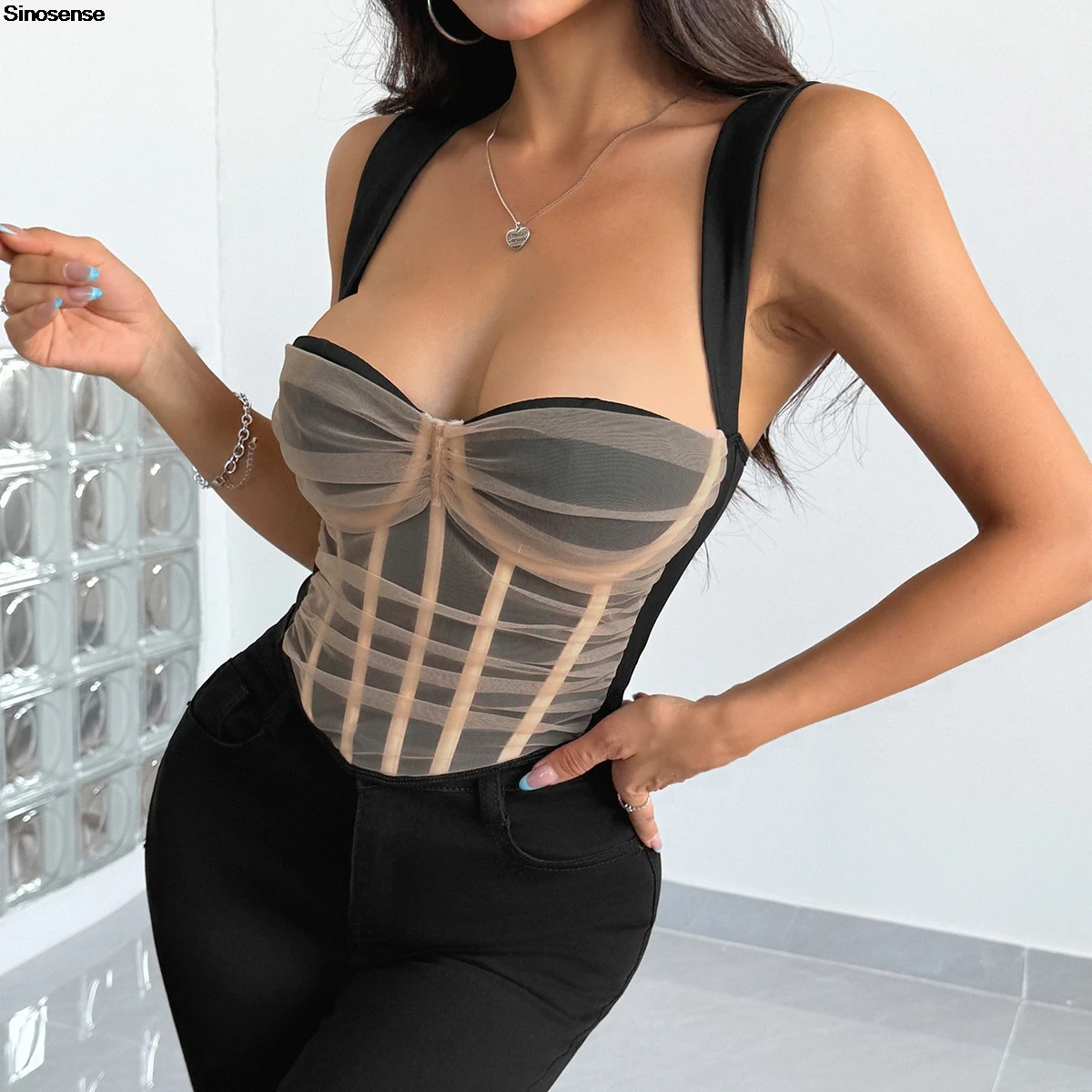 Frauen Sexy V-ausschnitt Fishbone Korsett Top Sexy Backless Sheer Mesh Bustier Crop Tank Tops Y2K Ausgehen Datum Nachtclub Party Tops