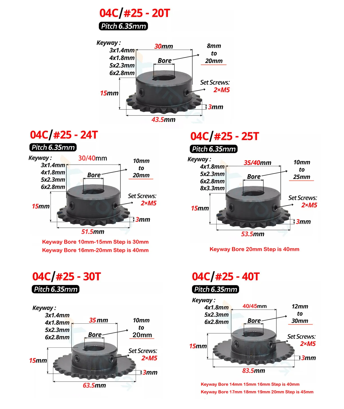 1PCS #25 Roller Chain Sprocket With Keyway 20/24/25/30/40 Tooth Bore 10mm to 20 Pitch 1/4\