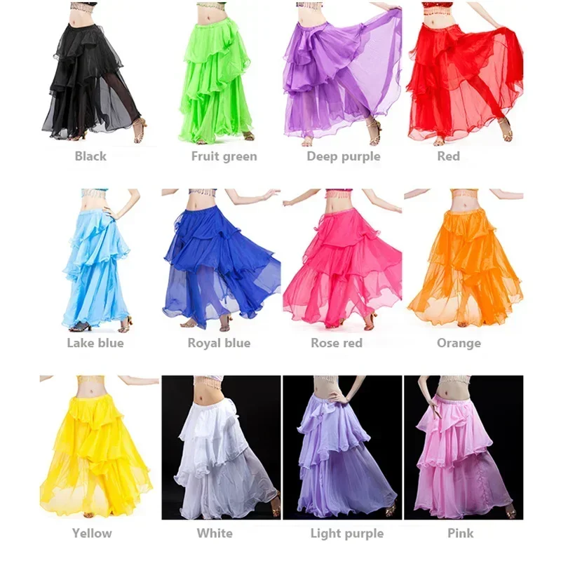 Women Belly Dance Lesson Wear Adult Chiffon Layered Skirt Dancing Costume Dress Gypsy Spanish Flamenco Oriental Practice Clothes