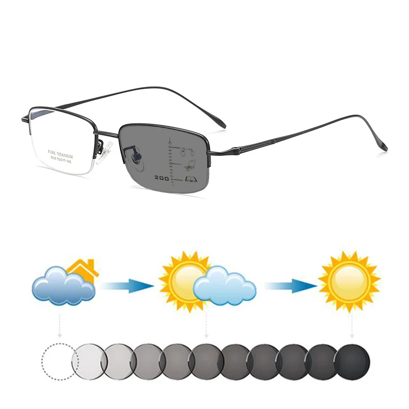 Lunettes de soleil progressives photochromiques pour hommes, ultralégères, en titane pur, rectangulaires, pour la lecture et la vue de loin