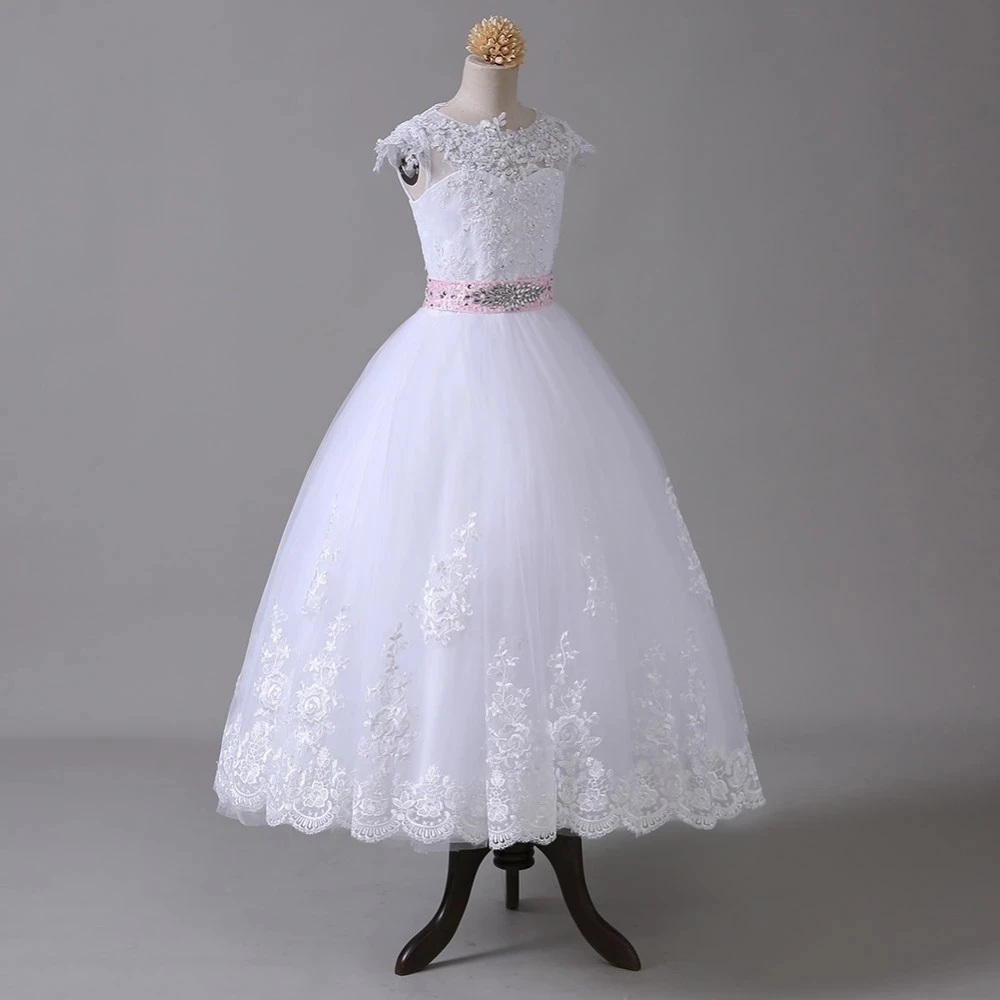 Vestidos de flores para niña, vestido de baile para boda, apliques de tul con lazo de cuentas, vestidos largos de primera comunión para niña, niños pequeños