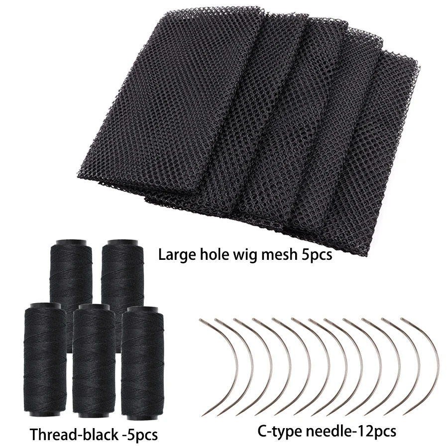 Free Style Hair Weaving Net Strong 100% Polyester Big Hole 5Pcs Wig Net 5Rollls Weaving Thread 12Pcs C Needles For Making Wigs