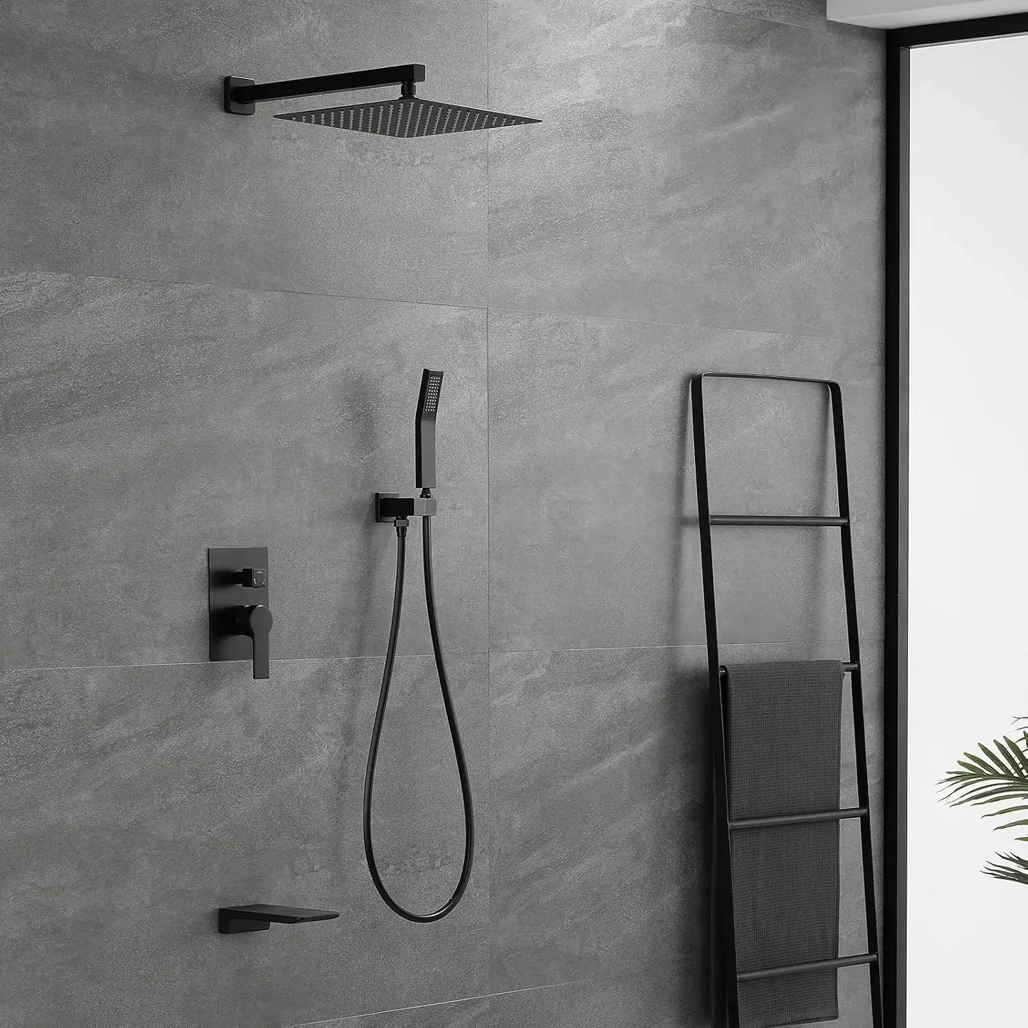 Shower System with Waterfall Tub Spout and Handheld Shower Head, 12