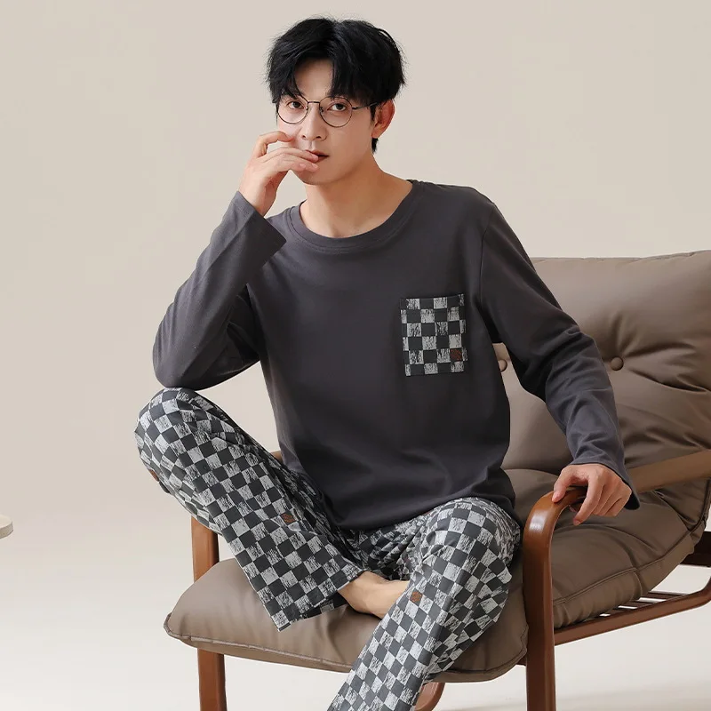 Pijama de algodón puro de manga larga para hombre, ropa de dormir de diseño Simple, estilo coreano, 100% algodón, alta calidad