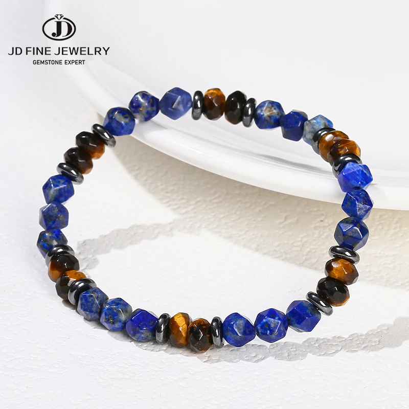 JD  6mm Natural Stone Faceted Bead Bracelet Women Men Bohe Handmade Stretch Stainless Steel Bracelet Yoga Energy Friendship Gift