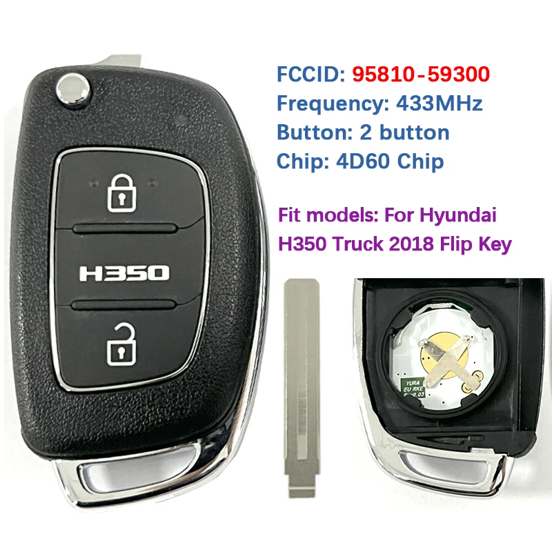 CN020520 Original 2 Button Flip Key Fob 4D60 Chip 433Mhz 95810-59300 For Hyundai H350 Truck 2018