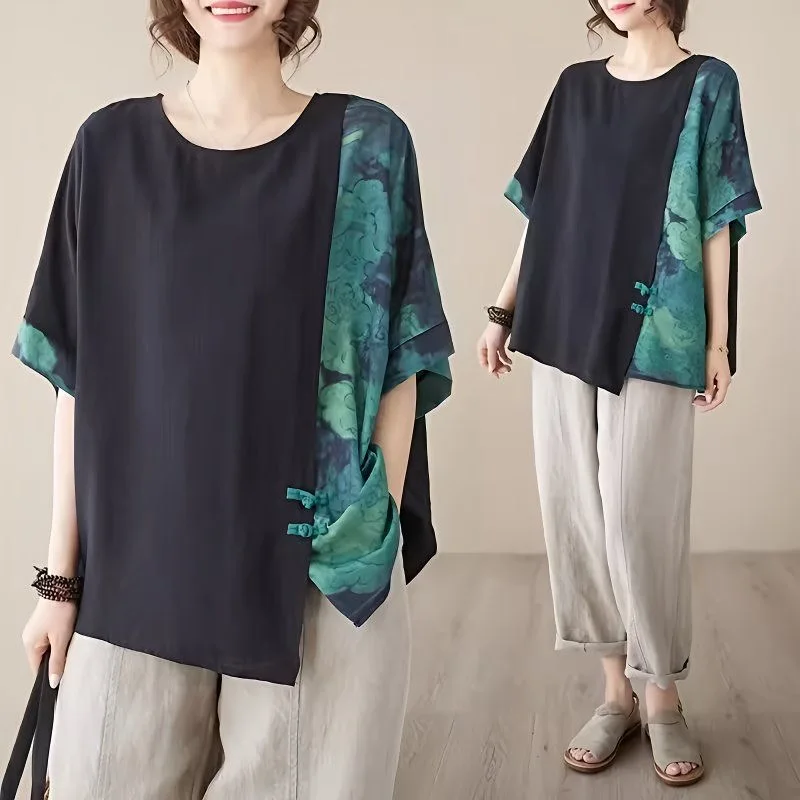 

L-5XL Plus Size Women's Dress Summer New Shirt Short Sleeves T-shirt Female Sleepwear Loose Chinese stitching Top Loungewear