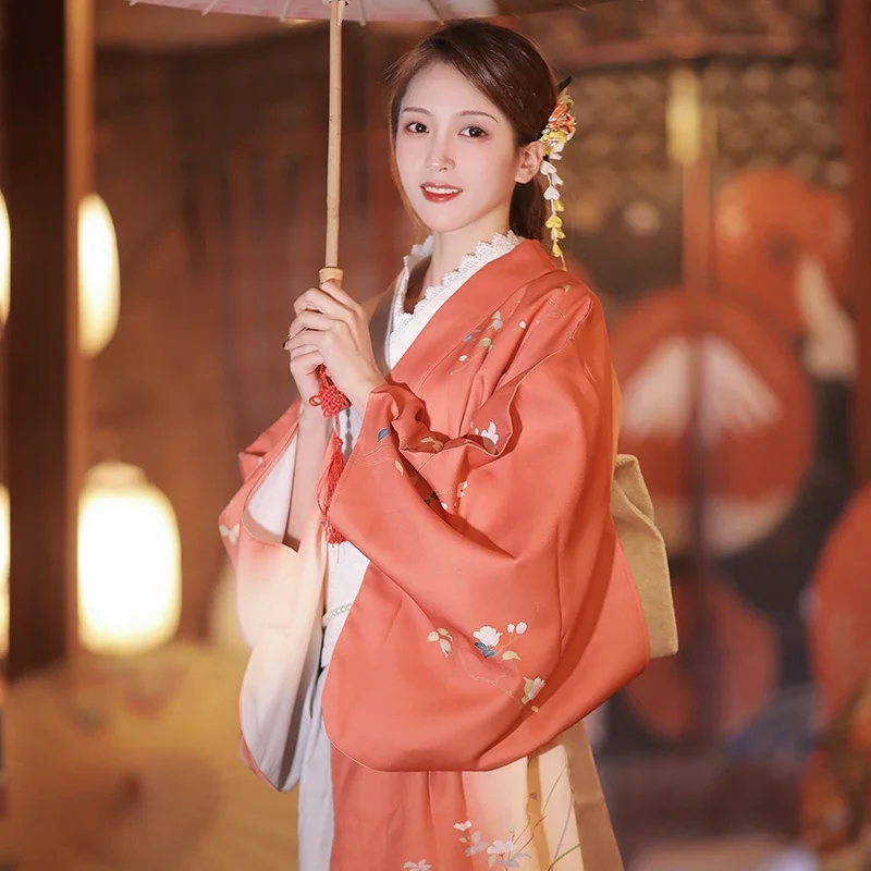 

Women Japanese Traditional Kimono Beautiful Red Color Formal Yukata Robe Cosplay Costume Retro Style Photography Long Dress