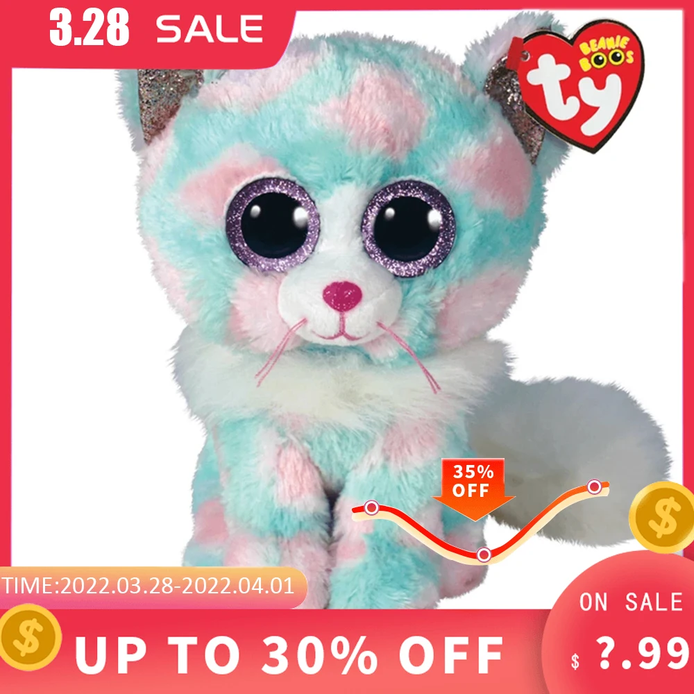 

New Ty Beanie Boos Opal Fluffy White Tail Beautiful Cat Cute Shiny Pink Eyes Super Soft Children's Plush Toy Birthday Gift 15cm