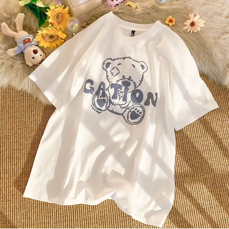 Japanese Niche Bear Print Short-sleeved T-shirt Women's Trendy Brand Loose All-match Girls Couple Half-sleeve Tops for Women