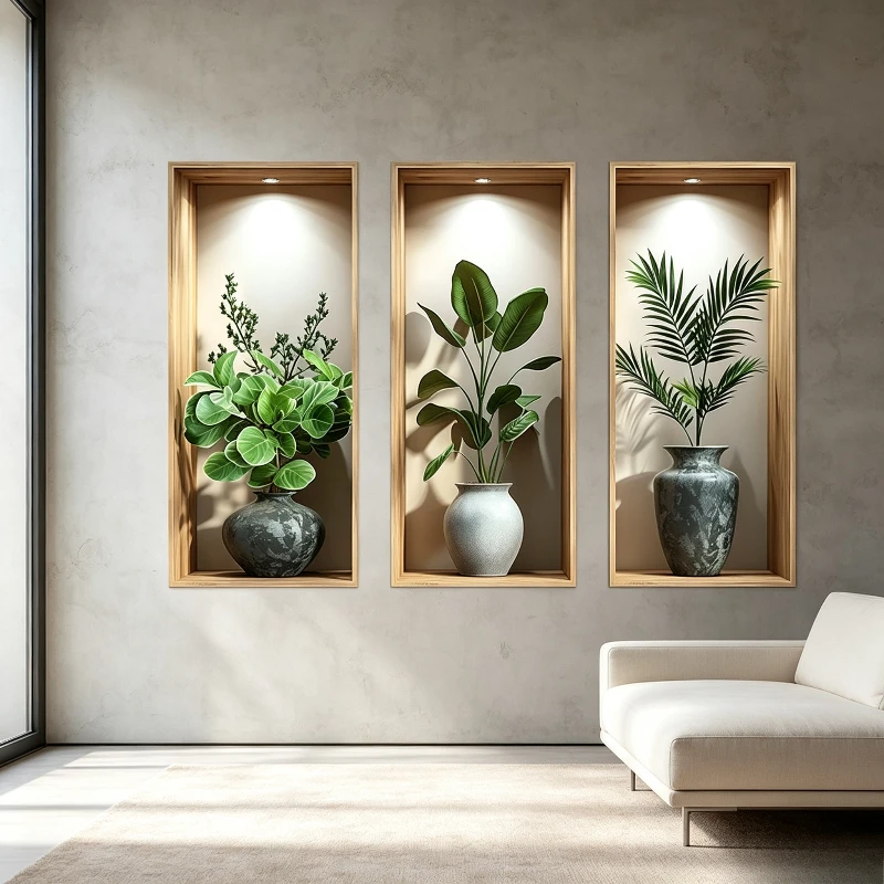 3Pcs 3D Visual Effect Plant Potted Wall Sticker Self‑Adhesive Mural Decal Waterproof Home Decor for Living Room Background Wall