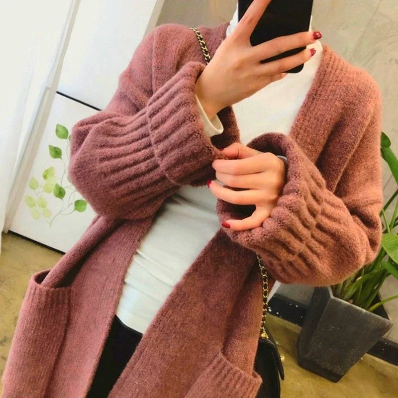 Koreanische Frühling Herbst 2025, lockere mittlere Länge, solide Strickjacke mit Taschen, entspannt, trendig, vielseitig, Basic-Stil