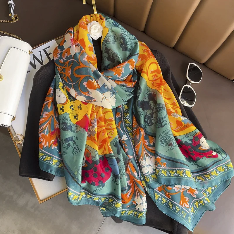 

New Summer Women Silk Scarf Beach Hijab Shawls and Wraps 2023 Luxury Brand Flower print Female Foulard Echarpe Designer Bandana