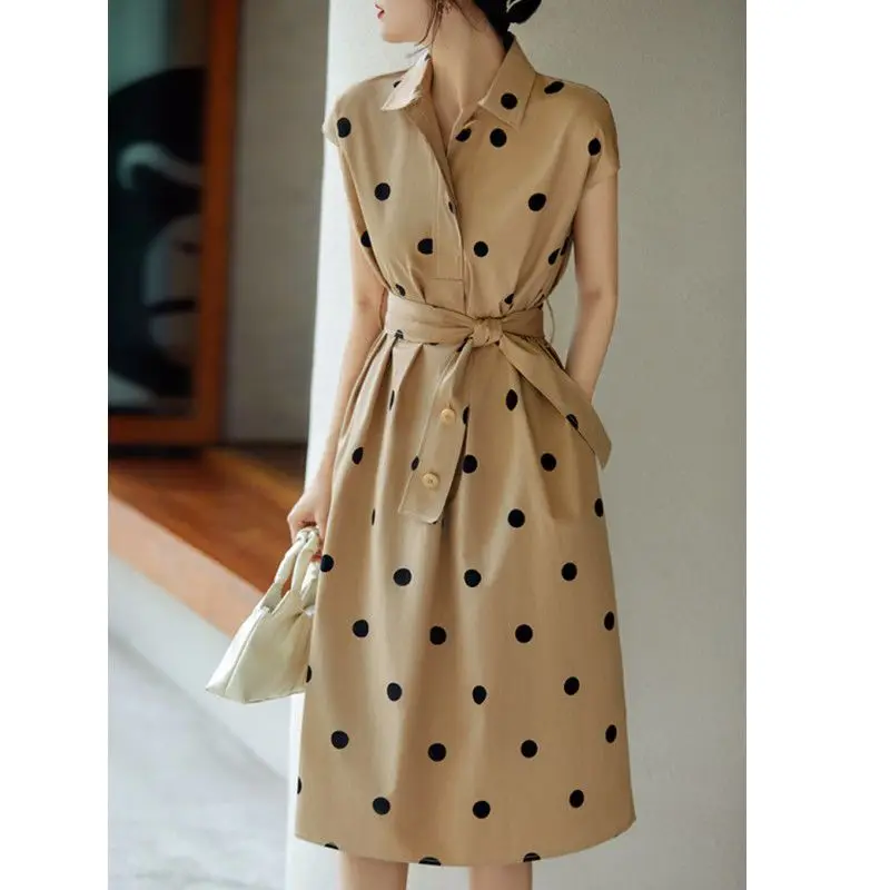 Fashion Lapel Pockets Bandage Sleeveless Polka Dot Casual Dresses Women's Clothing 2024 Summer New Loose Commuter Midi Dress