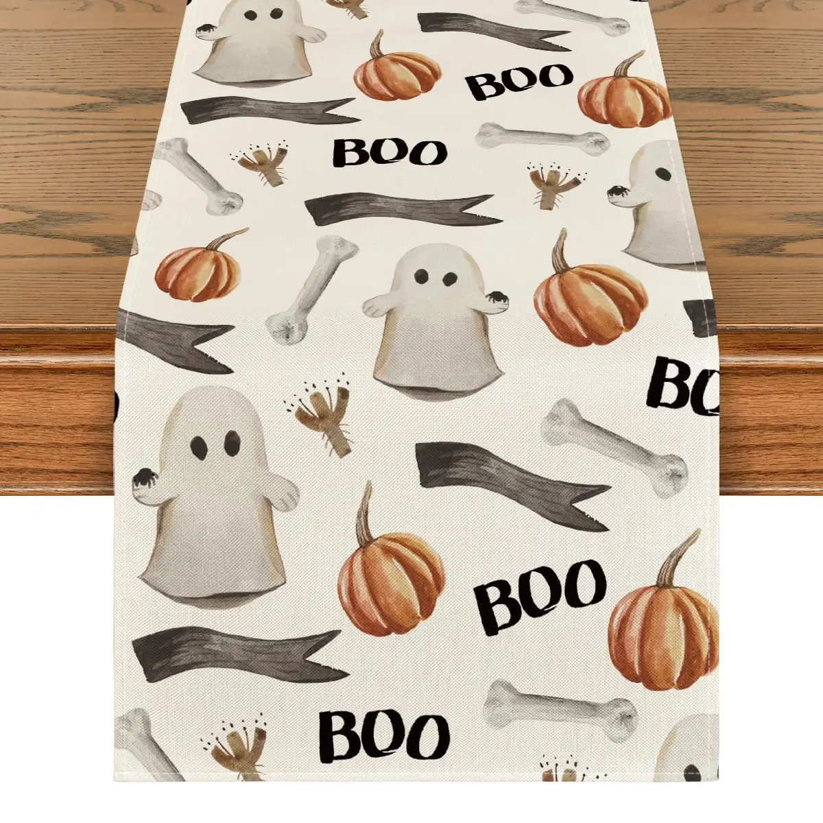 

Watercolor Ghost Pumpkins, Bone Boo Table Runner, Black,Seasonal,Spooky,Halloween, Holiday, Kitchen, Dining Table Decor for Home