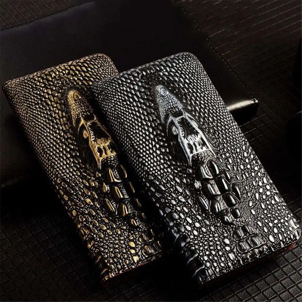 Genuine Leather 3D Dragon Head Crocodile Case for iPhone 15 Pro Max 14 13 12 Card Pocket Holder Cover