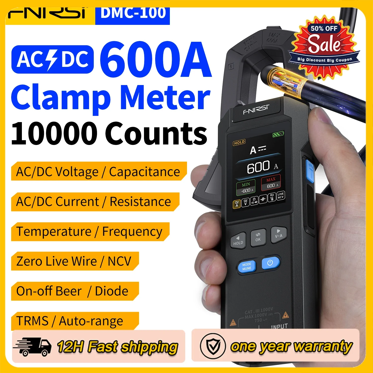 FNIRSI DMC-100 DC AC Current Clamp Meter 10000 Counts Digital Multimeter USB Charger 600A Amperimetric Clamp Electrician Tools