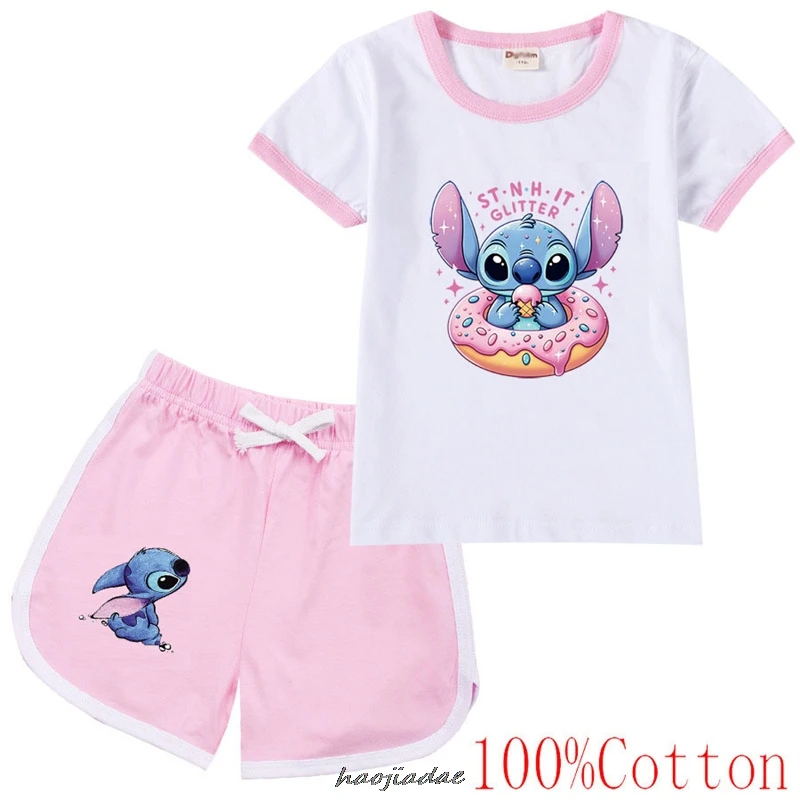 Conjunto infantil de t-shirt e shorts Lilo e Stitch, roupas esportivas, terno casual, moda, manga curta, meninas, meninos, verão, 2 peças