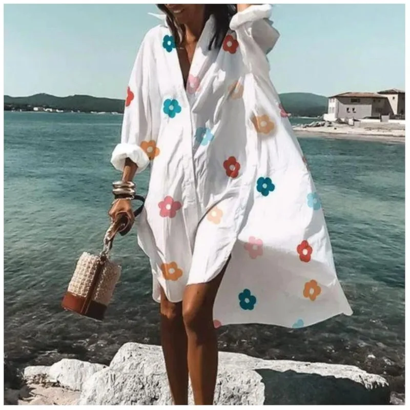 

Spring And Summer Fashion Loose Fitting Shirt Dress Women's V-neck Long Sleeved Button Up Cardigan Asymmetrical Mid Length Skirt