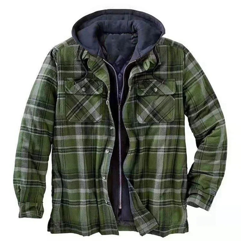 Men\'s Hooded Quilted Lined Fleece Shirt Jacket, Long Sleeve Plaid Button Up Jackets  Autumn and Winter Thick Coats