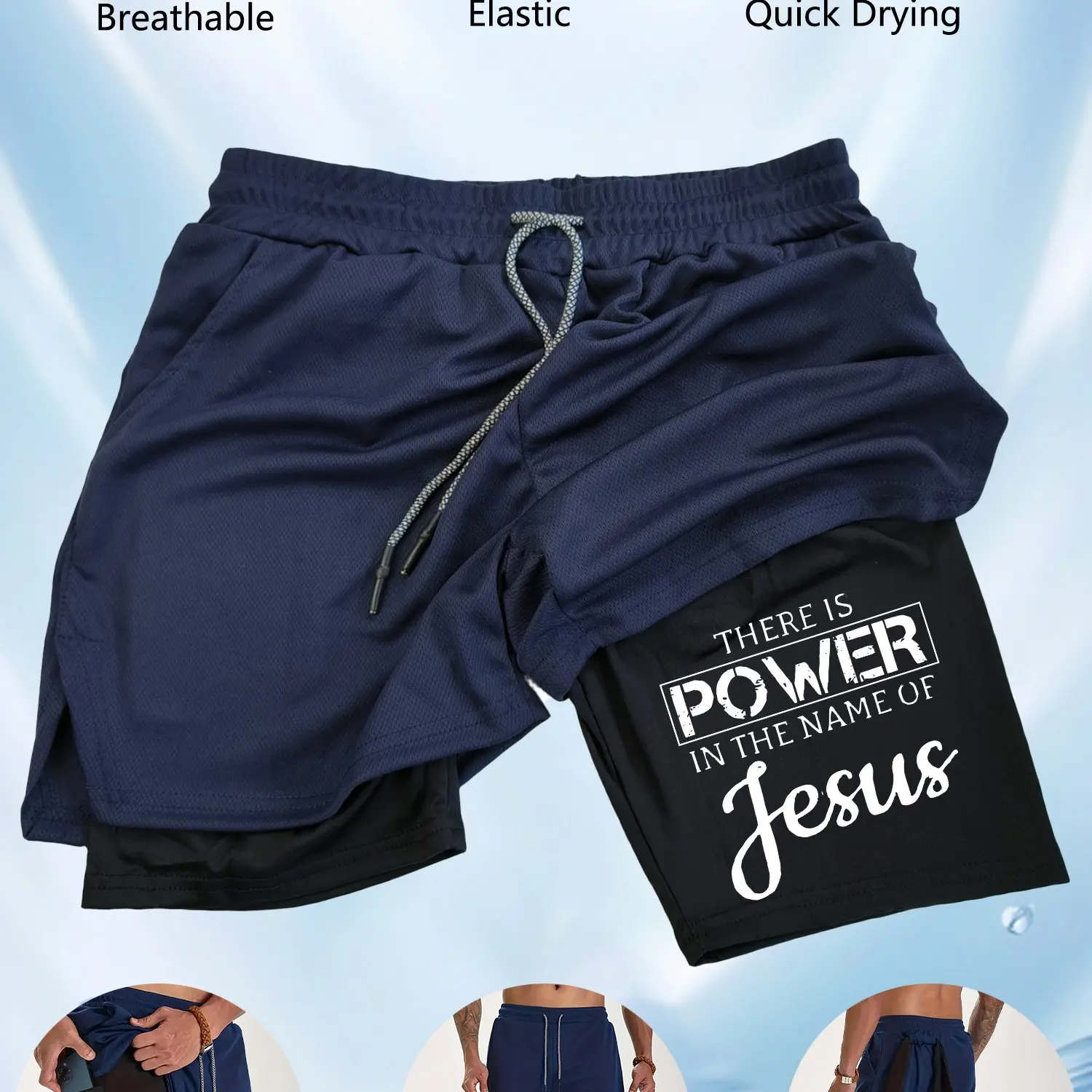

Men's double-layer quick-drying sports shorts with Jesus-themed print design, featuring side phonepockets andtowelstrapsfunction