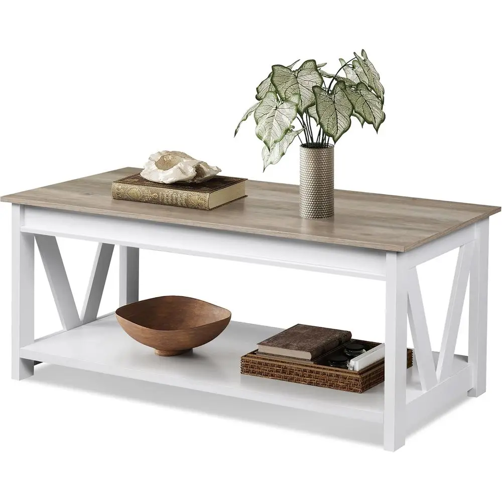 

Modern 43 Coffee Table with Storage Shelf, V-Shaped Support, Grey & White for Living Room
