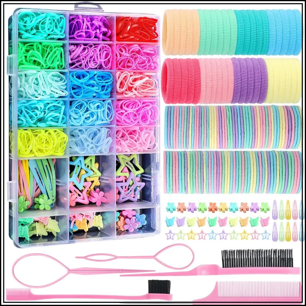 

1695 Pcs Hair Ties for Girls, Elastic Hair Bands with Clips, Toddler Hair Accessories Set