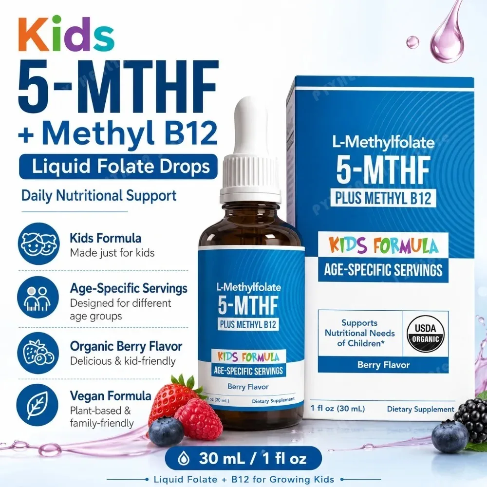 Gotas de L-Metilfolato 5-MTHF para Niños con Metil B12, Suplemento Líquido de Folato con Sabor a Bayas Orgánicas para Niños, Fórmula Vegana 30ml
