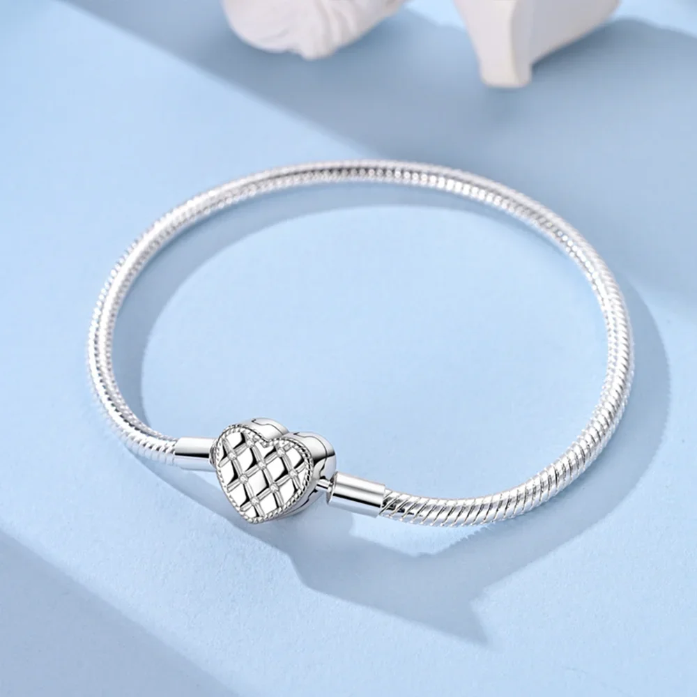 Classic Charm Bracelet 925 Silver Pink Heart Shape Butterfly Snake Chain Clasp Bracelet Fit Original Beads DIY Fashion Jewelry