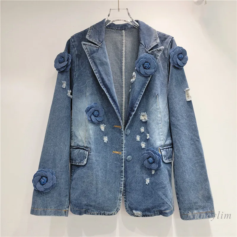 Three-Dimensional Flower Decoration Loose Denim Suit Jacket Female 2024 Autumn New Jean Coat Denim Blazer