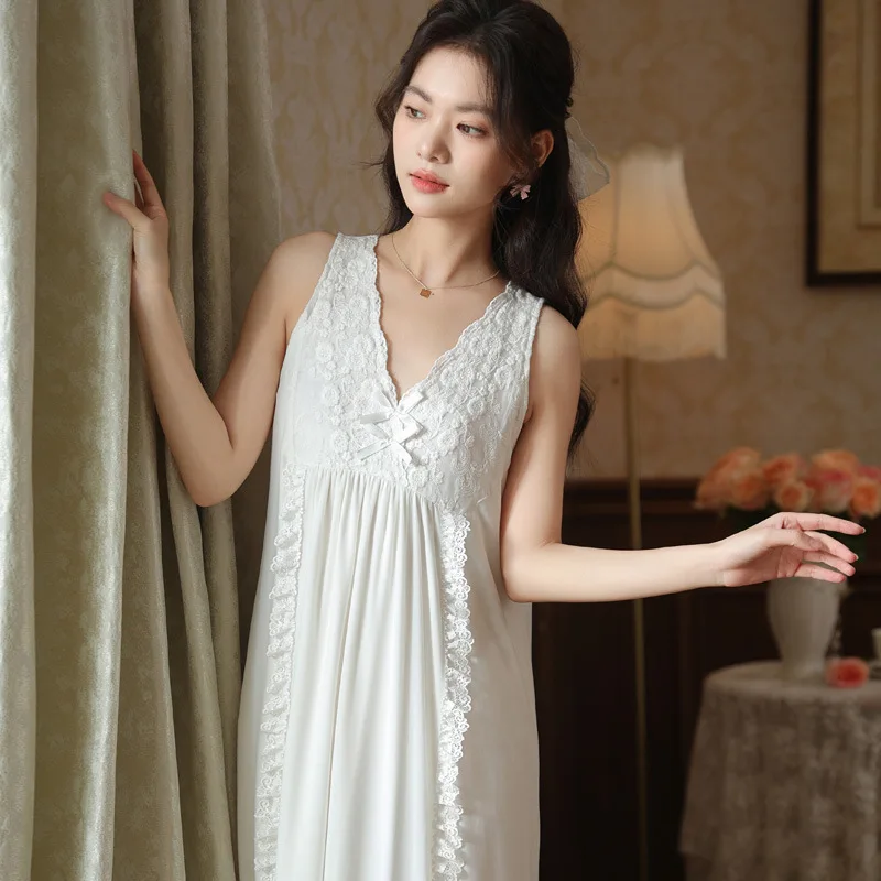 

Women Sweet Sleeveless Nightdress Summer Sexy V Neck Princess Sleepwear Nightwear Embroidered Lace Viscose Lining Long Nightgown