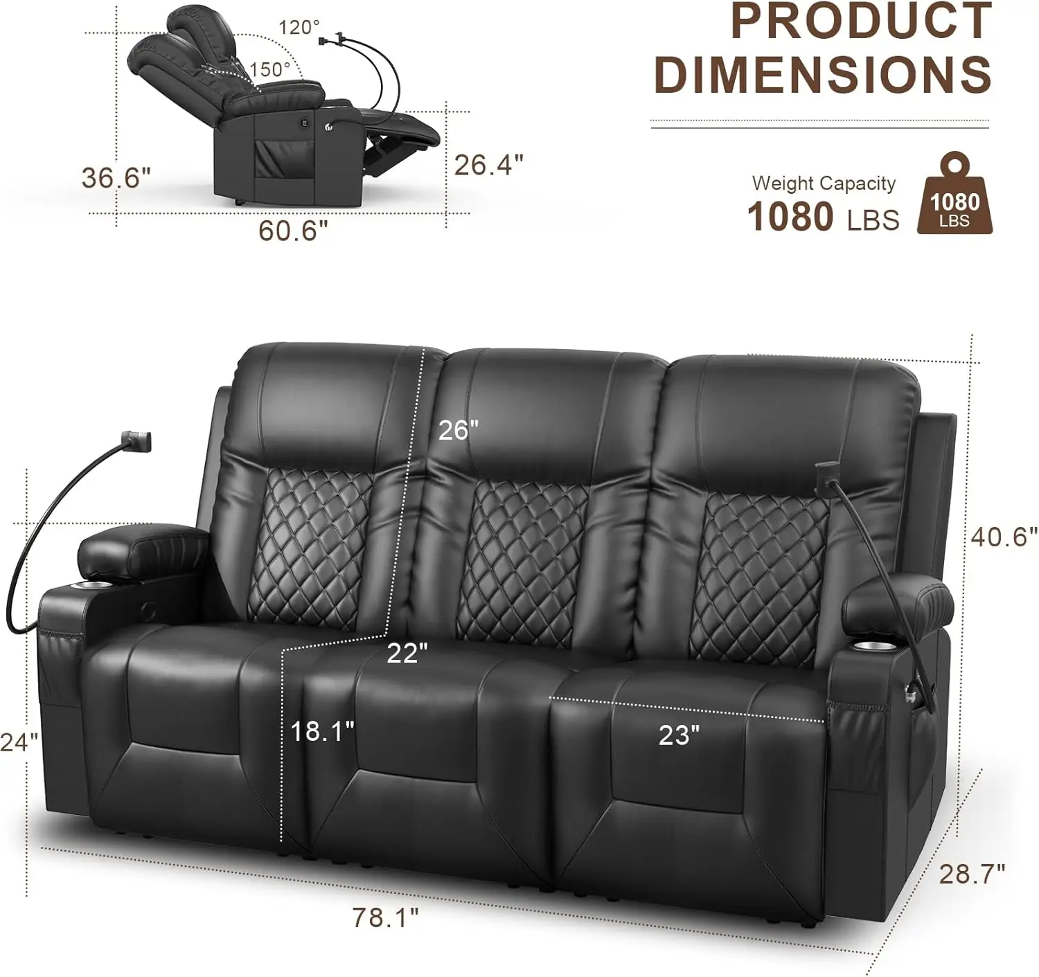 Sofa Set with 3+1+1 Pieces in Living Room, 3 Seater Reclining Sofa, 2 Recliner Chair with 360 Degree Swivel Single Sofa Seat