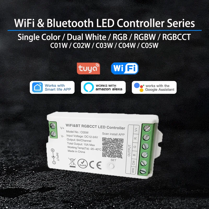 투야 와이파이 LED 컨트롤러 DC12-24V 알렉사 구글 홈 음성 제어, RGB RGBW CCT LED 스트립 스마트 컨트롤러, 앱 BT 2.4G RF 원격