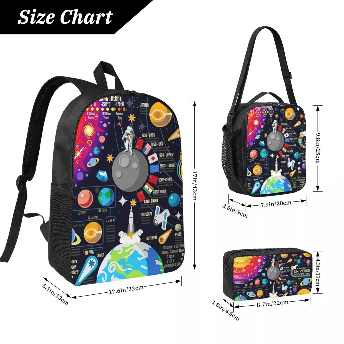 Space Universe Infographics Big Bang Backpack Boys Girls BookBag School Bag Shoulder Bags 3ps Insulated Lunch Bag Pencil Case