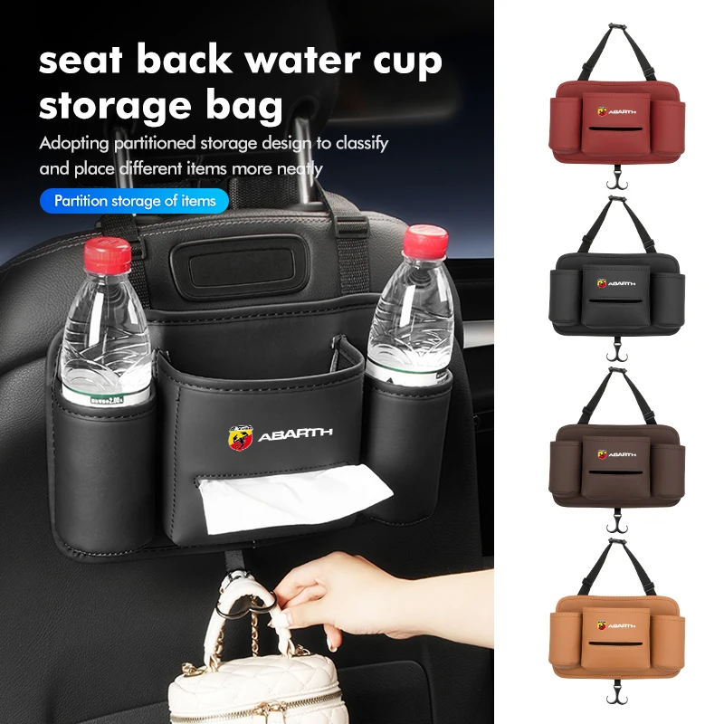 Caja de Almacenamiento para Auto Abarth, Portavasos y Dispensador de Pañuelos Doble para el Respaldo del Asiento, Compatible con Fiat Grande Punto, Tipo, Stilo, Ducato, Palio, 500x