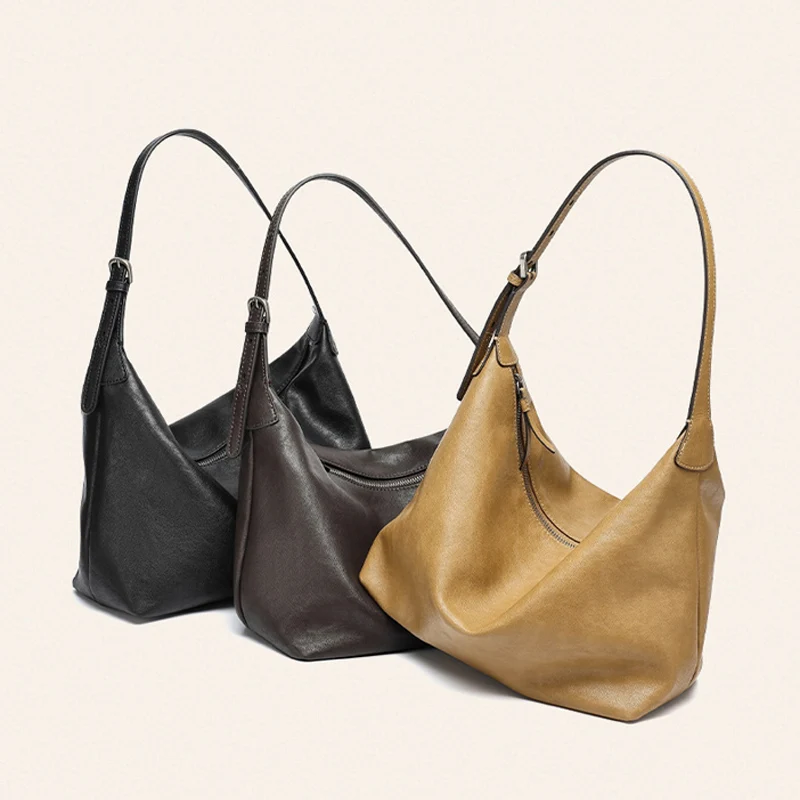 SHELKSBAG Women Vintage Soft Genuine Leather Hobo Bag Adjustable Strap Shoulder Bag Large Capacity Underarm For Daily Work