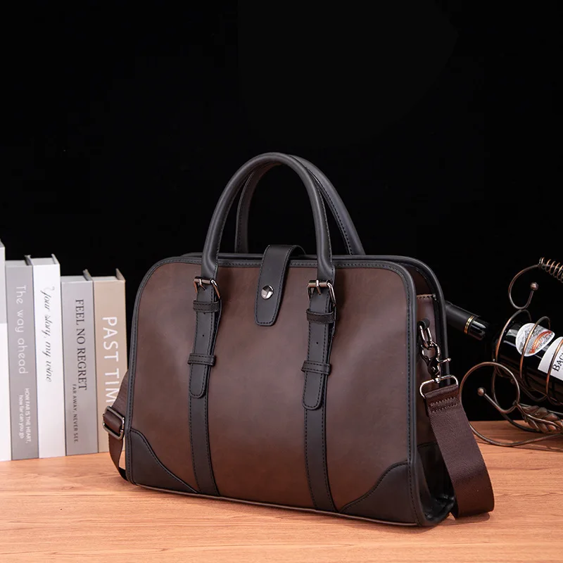 Men Leather New Trendy Business Office Handbag Document Bag Men's Retro Single Shoulder Crossbody Briefcase Messenger Bag
