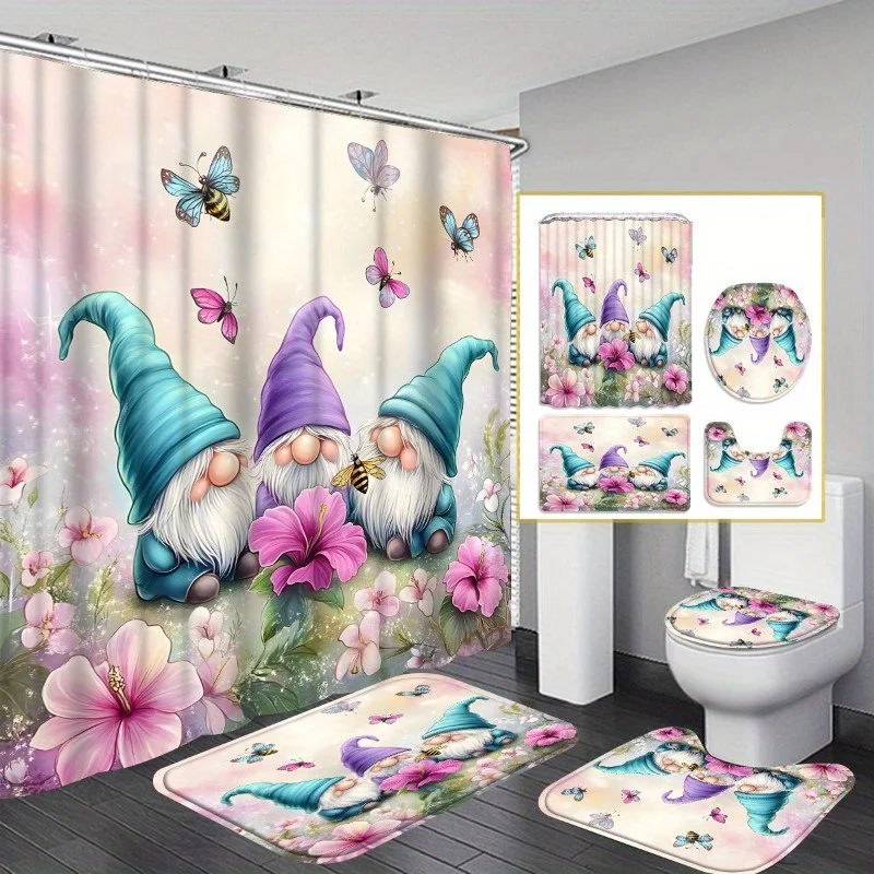 Charming Gnomes and Butterflies Bathroom Four-Piece Set - Featuring a Delightful Design with Cute Gnomes, Vibrant Butterflies