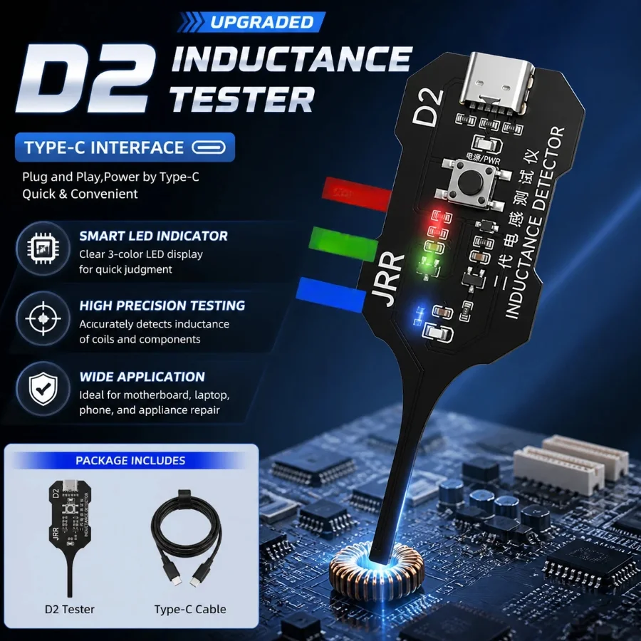 

Upgraded D2 Inductance Tester Type-C LED Indicator for Motherboard Coil Repair & Troubleshooting Tool