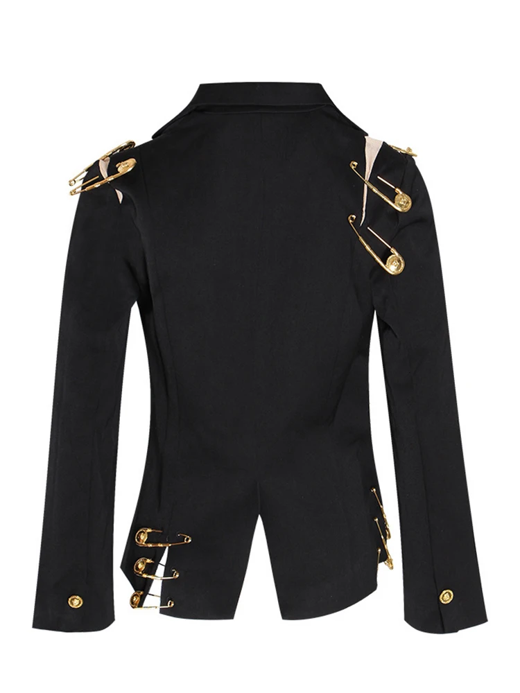 Hollow Out Spliced Metal Buckle Blazers For Women Notched Collar Long Sleeve Patchwork Single Button Blazer Female New