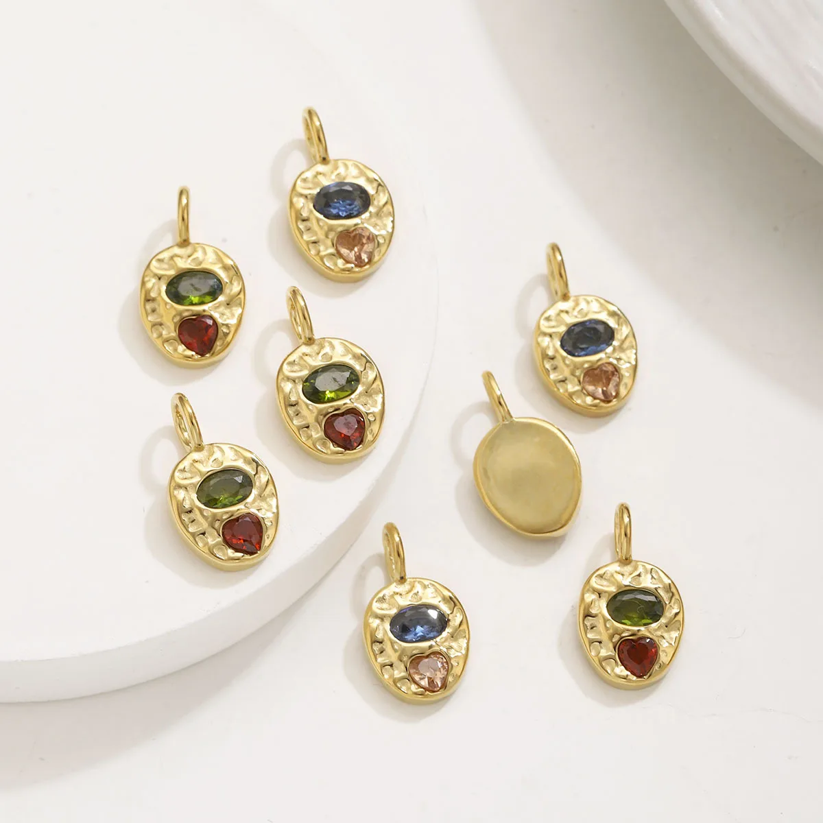2Pcs Hammered Round Stainless Steel Pendants Color CZ Inlaid Texture Charms For DIY Necklace Jewelry Making