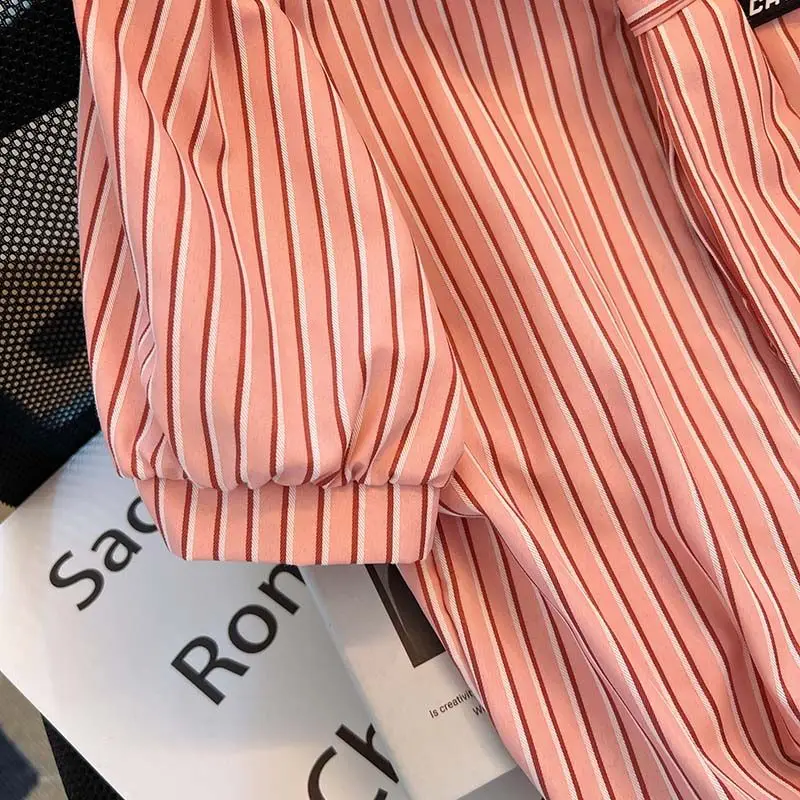 Summer New Short Sleeve Blouses Preppy Style Commute Striped Button Letter Spliced Ruched Loose Chic Polo Collar Women\'s Shirts