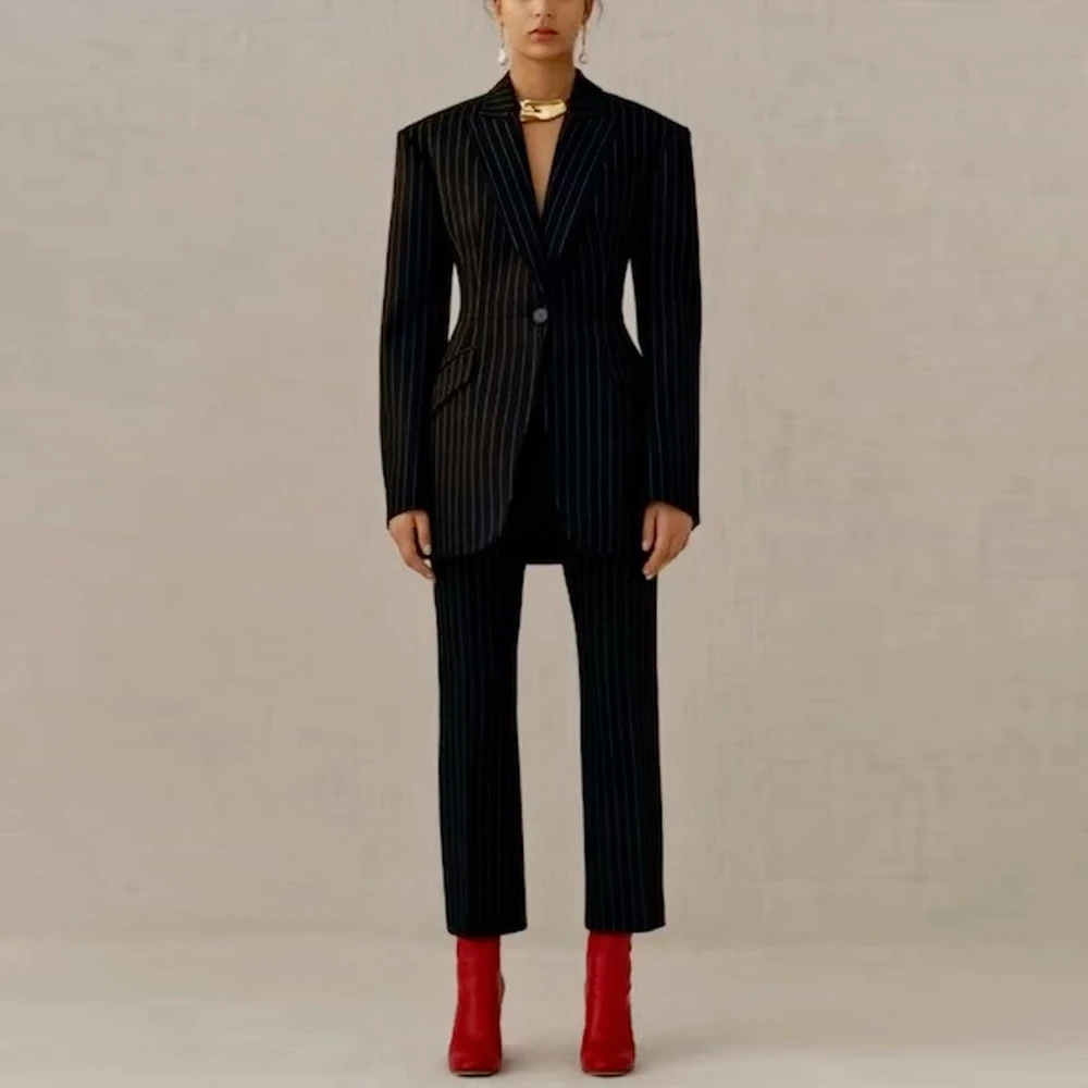 

Vintage Stripe two Pieces Suit Set for Women One Button Peak Lapel Jacket Pant Set Slim Fit Office Business Female Clothing