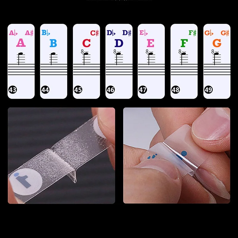 88/61 Key Color Piano Letter Stickers Keyboard Hand Roll Piano Keyboard Transparent Stickers Notation Transparent