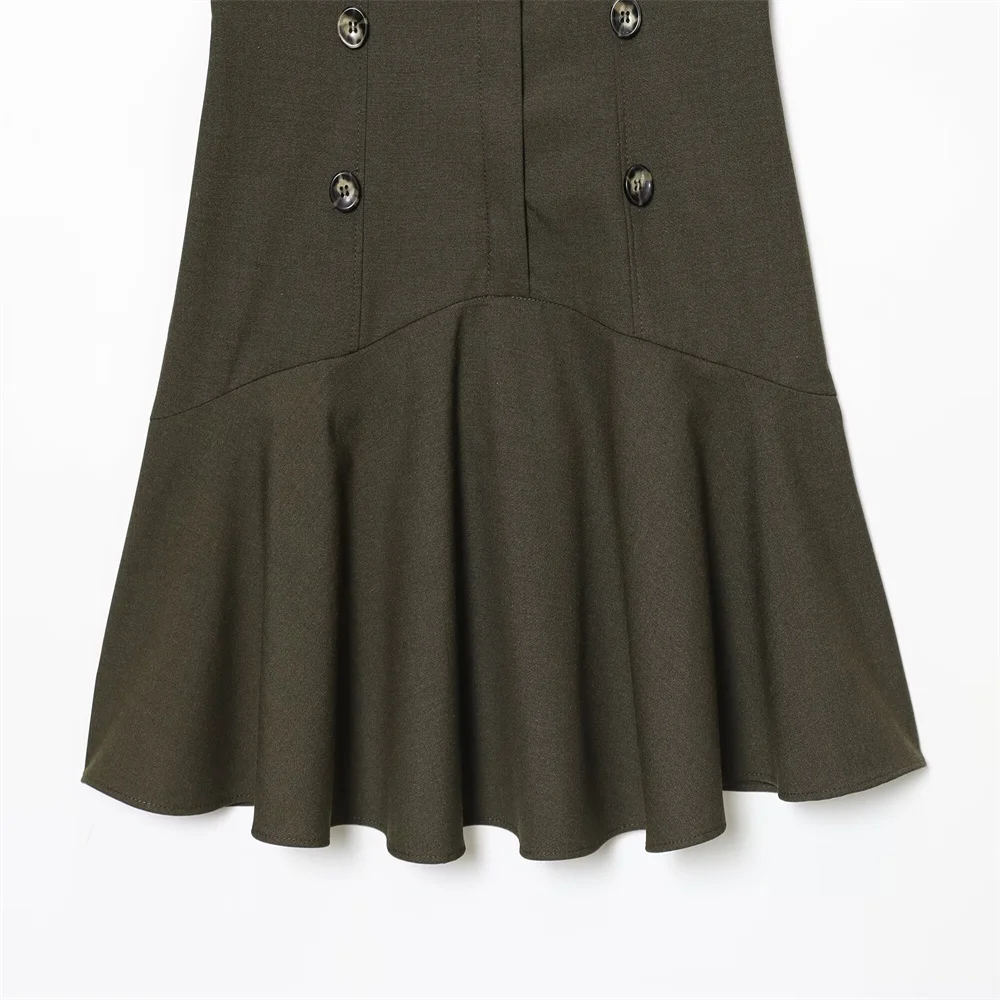 Outono novo estilo europeu e americano elegante vestido de cor sólida com ombreiras e decoração em camadas