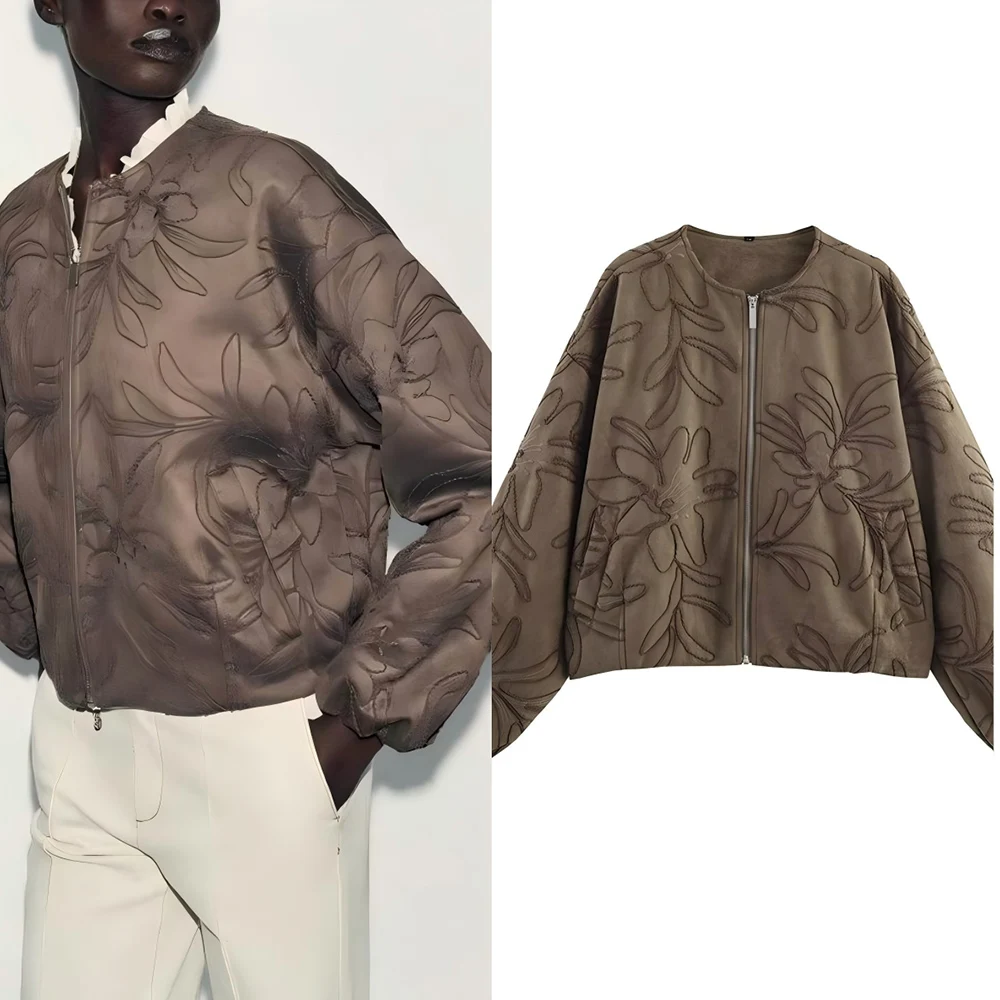 

Женская новая модная замшевая текстура, повседневная летная куртка с круглым вырезом и вышивкой, пальто в стиле ретро, женское пальто на молнии с длинными рукавами, шикарный топ