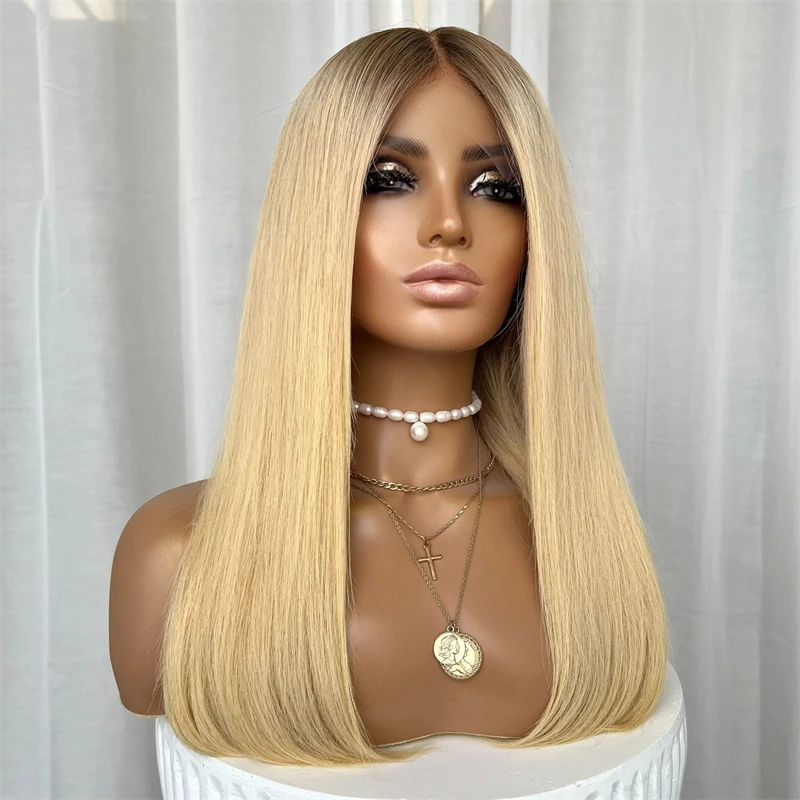 Small Large Size Cap Ombre Golden Blonde Synthetic HD Lace Front Wig with Roots Heat Resistant Fiber Wigs Preplucked Hairline